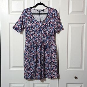 Blue & Pink Floral Design Short Sleeved Dress w/Pockets, Small, Like New Cond